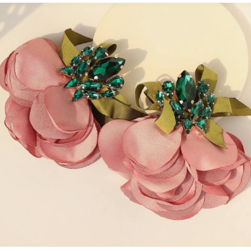 Pink Emerald Green Princess Petal Jeweled Oversized Statement Earrings